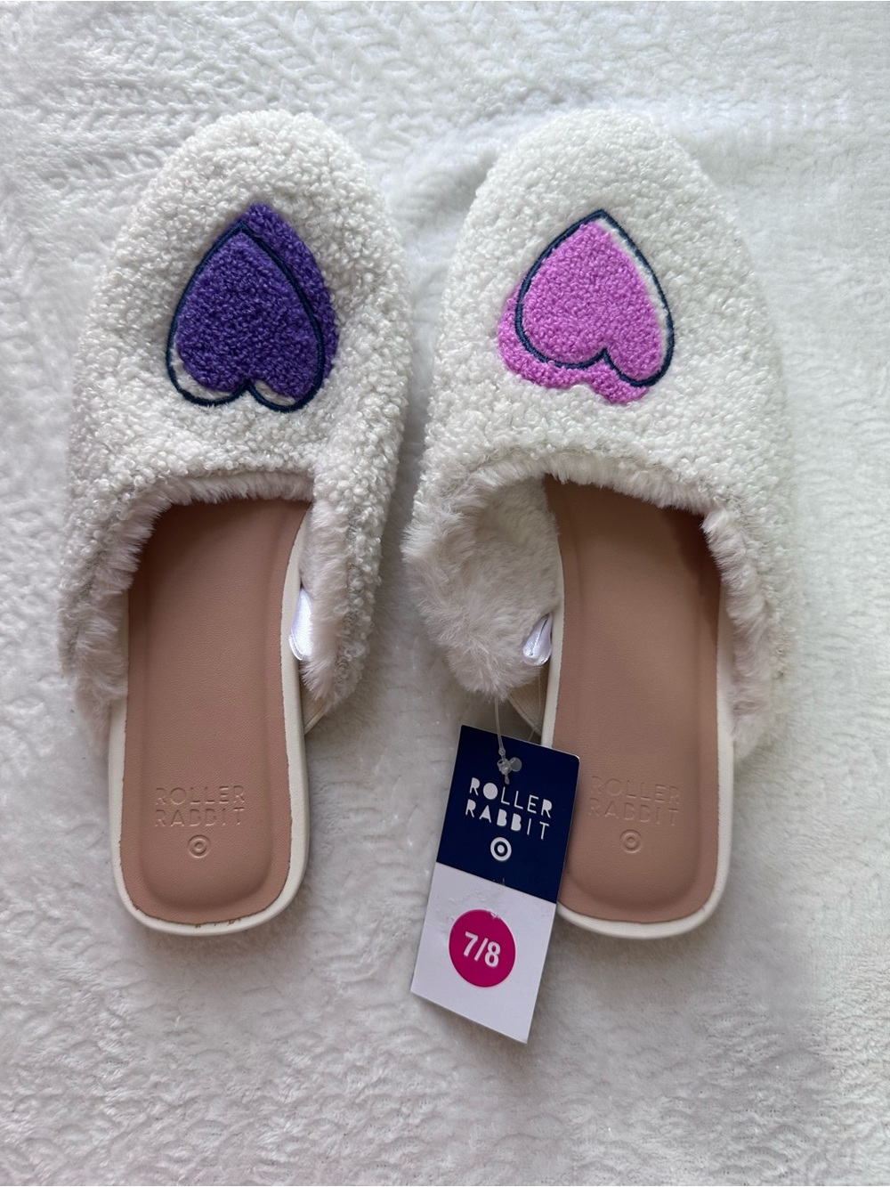 Roller Rabbit Women’s Slide Slippers Faux Fur Lined Heart White/Purple 7/8